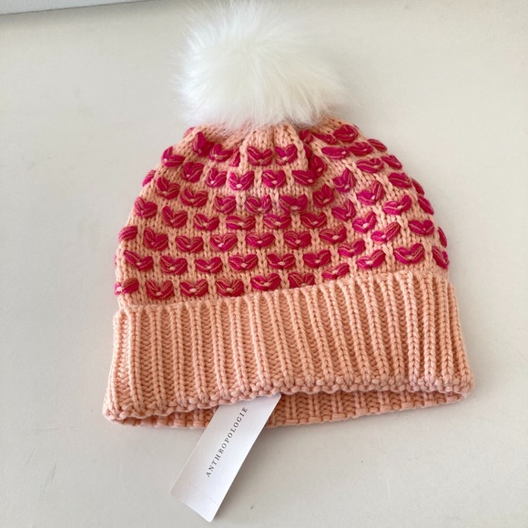 Maeve Accessories - NWT Anthropologie Maeve Mommy Hearts Pommed Pink/Rose Beanie